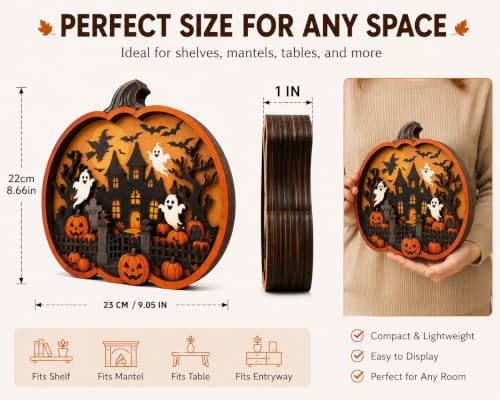 Halloween Pumpkin Sign - Rustic 3D Wooden Fall Decor for Tabletop & Shelf