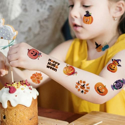 Halloween Pumpkin Glitter Temporary Tattoos for Kids - 74 Designs, Waterproof & Removable