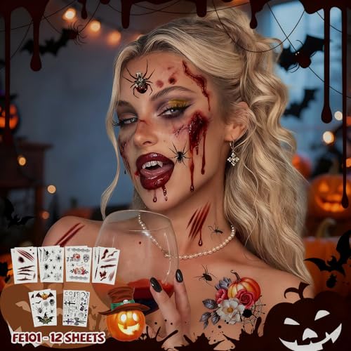 Zombie Halloween Tattoos 12 Sheets with Fake Blood & Scars - FE101 Variation