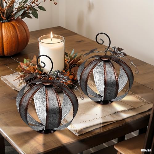 2 Pack Fall Solar Metal Pumpkin Decor with LED Light - Outdoor Thanksgiving Yard Art