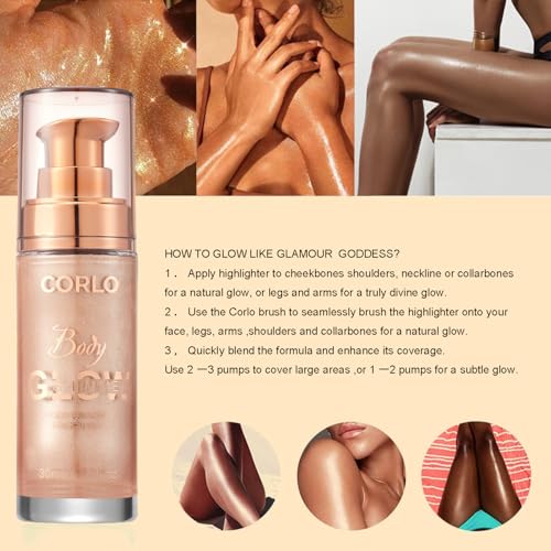 Corlo Rose Gold Body Shimmer Oil 1.05 Fl Oz Liquid Glitter Highlight for Face & Body