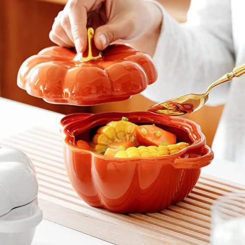 Orange Pumpkin Bowl Set with Lid & Handle, 14 Oz Ceramic Casserole Dish for Baking & Serving