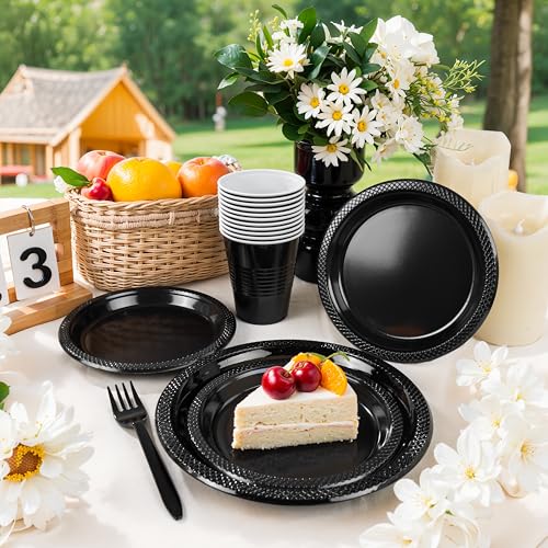 Black Disposable Plates for Party - 350PCS, Food-Grade Plastic, Variation: Black