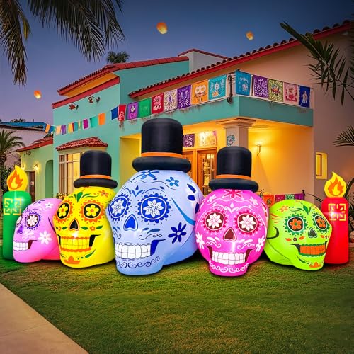 7FT Halloween Inflatable Skeleton Decor with LEDs - Dia de Los Muertos Skull - Outdoor Yard & Garden