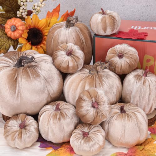 Artificial Velvet Pumpkins Set - Large Fake Halloween Decor, Champagne Variation
