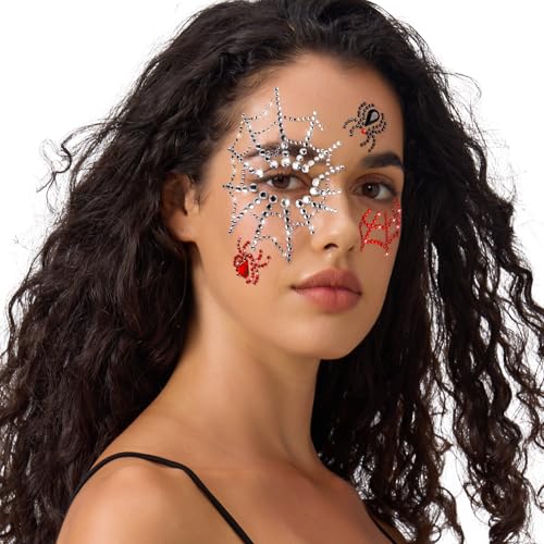 Halloween Face Gems Stick On Spider Web Silver & Red - Kids & Women
