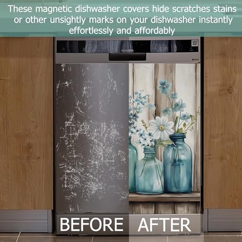 Blue Mason Jars Flowers Magnetic Dishwasher Cover - Rustic Kitchen Decor 23x26 Inch