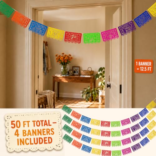 Day of the Dead Papel Picado Decorations - Rainbow Calaveras Banner 50 Feet