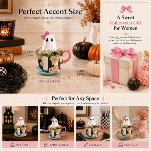 Black Ghost Figurine in Coffee Cup Halloween Decor - 5.5 Inch Resin Spooky-Cute