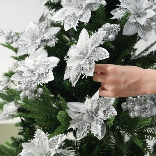 Christmas Glitter Poinsettia Ornaments Set - Silver, 50pcs with Clips & Stems