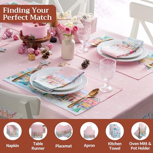 Christmas Market Pink Tablecloth 70x90 Rectangular Reusable Cotton - Maison d'Hermine