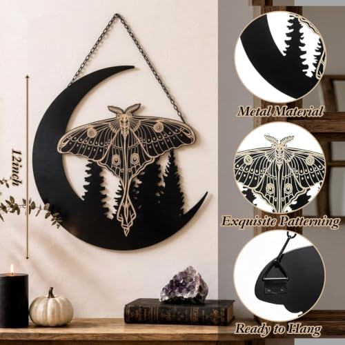 Gothic Luna Moth Wall Art Decor Halloween Moon & Forest Scene 12 Inch