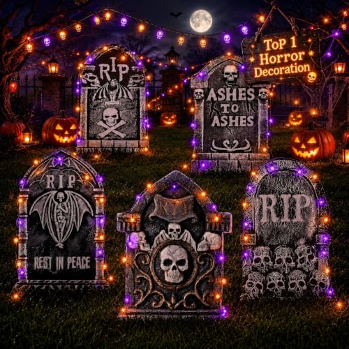 Outdoor Halloween Tombstone Decorations Set - 10 Large Graveyard Headstones for Yard and Lawn Display