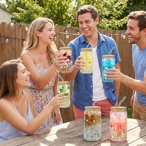 Wildflower Floral Glass Drinking Cups with Lids - 12 Pack, 16oz, Borosilicate