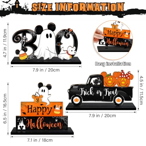 Halloween Wooden Table Signs Set - Pumpkin Ghost Truck & Happy Halloween Decor