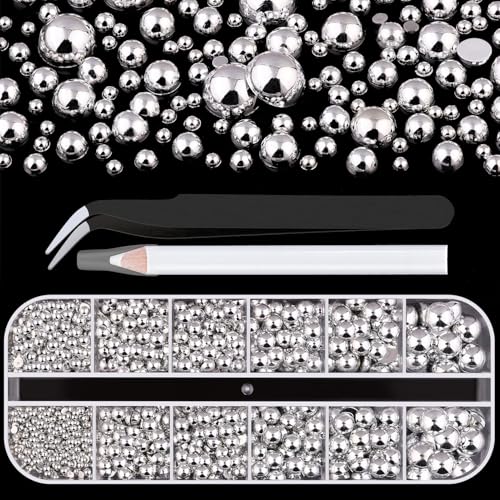 A21 Silver Flatback Nail Pearls Set - 6 Sizes for Nail Art & Crafts