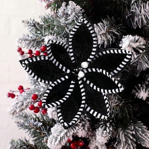Artificial Christmas Poinsettia Flowers Set - Black & White, 12 Pack