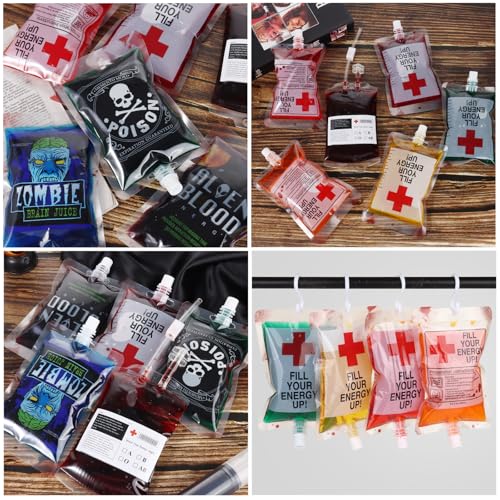 Halloween Blood Bag Drink Set - 50 Reusable 10oz IV Style Party Favors with Syringe & Funnel - Style1
