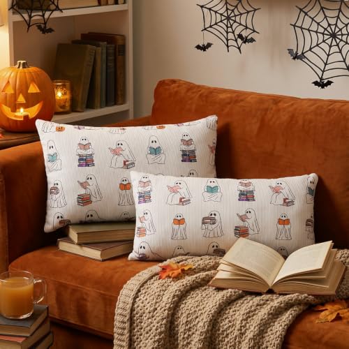 Halloween Ghost Pillow Cover 12x20 Set of 2 - Reading Book Design, Plush Cotton, Fall Decor, Ghost Variation