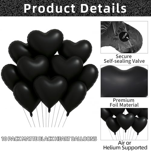 Matte Black Heart Foil Balloons - 18 Inch Party Decorations for Birthdays Weddings Halloween Valentine's