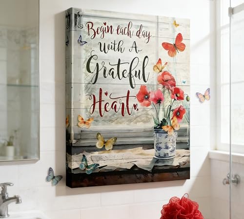 Wrapped Canvas Wall Art - Red Flower Butterfly Poppy Painting 16x24 Inches - Farmhouse Home Decor