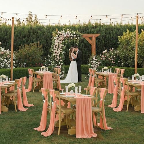 14ft Peach Chiffon Table Runner Pack of 5 for Weddings & Events - Rustic Sheer Gauze