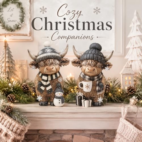 Winter Highland Cow Figurine Set - Resin Farmhouse Decor with Scarf & Hat