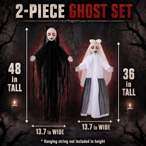 Halloween Hanging Twin Sisters Decorations with LED Eyes & Sound - Black White Twin Haunted Bride