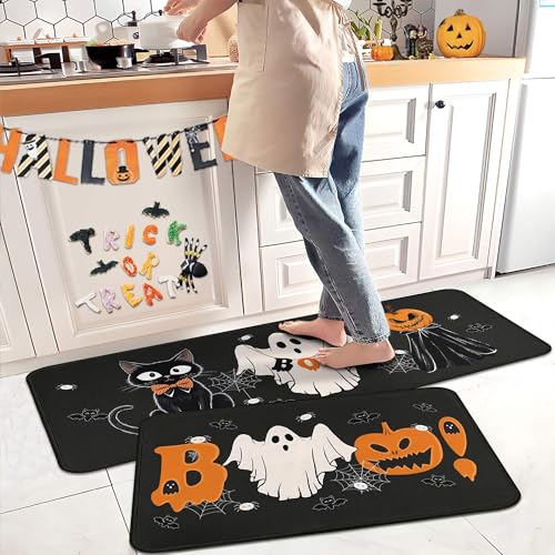 Ghost Halloween Kitchen Rugs Set of 2 - 17x47 & 17x30 Inches Non-Slip Floor Mats