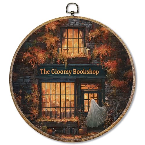 Halloween Ghost Wall Art Decor for Bookstore - 10x10 Inch Round Canvas Print - Spooky Library Wall Hanging