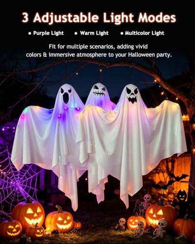 Halloween Hanging Ghost Decorations with String Lights - 3 Pack, 27.6 Inch Outdoor Yard Decor
