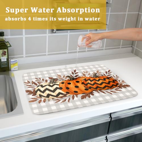 Halloween Dish Drying Mat for Kitchen Counter - Pumpkin Brown Leaves 18x24 Inches