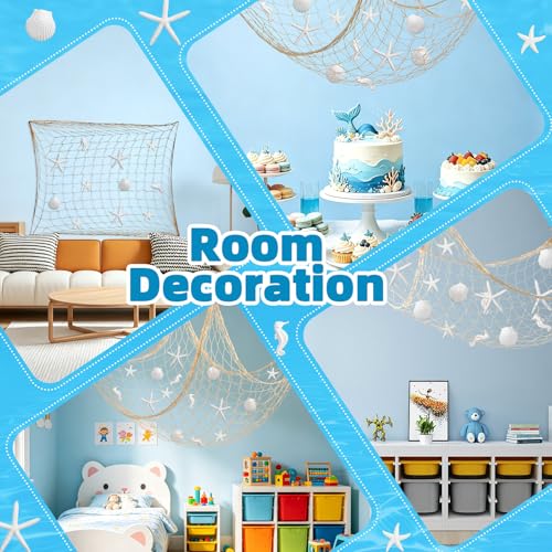 Nautical Fishnet Decor Set with Starfish, Shells, Seahorses - Ocean Theme Wall Art