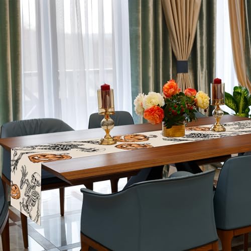 Halloween Table Runner 72x13 Inch Pumpkin Skeleton Fall Kitchen Decor