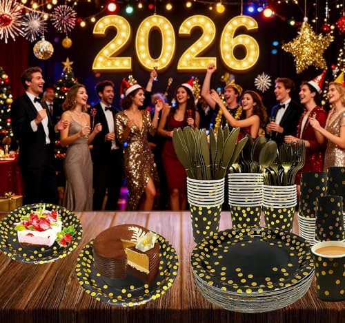 Black and Gold Disposable Party Plates Napkins Set for 50 Guests