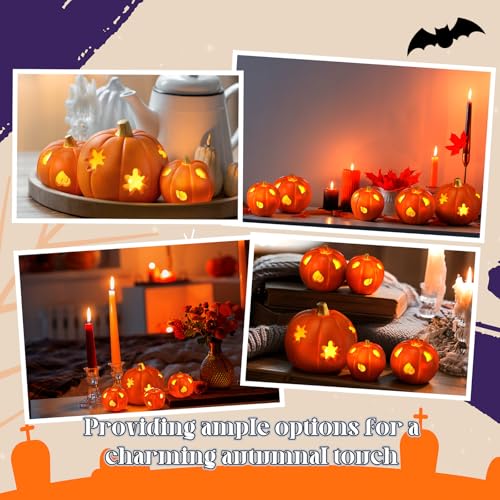 Lighted Pumpkin Decor Set - Orange Halloween Fall Lanterns for Autumn Table Centerpiece - 5 Pack