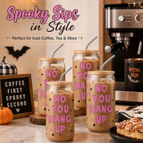 Halloween Ghost Glass Cups with Lids & Straws - Multicolor-1, 16oz Skull Coffee Mug Set