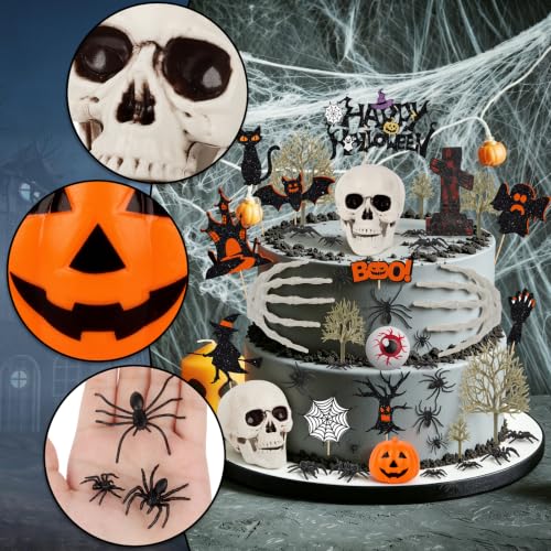 Halloween Cake Toppers Set - 44pcs Spider Bat Castle Pumpkin Skull Hand Decorations - Halloween Party Supplies