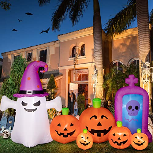 8ft Inflatable Halloween Pumpkin Ghost and Tombstone Outdoor Decor with LEDs