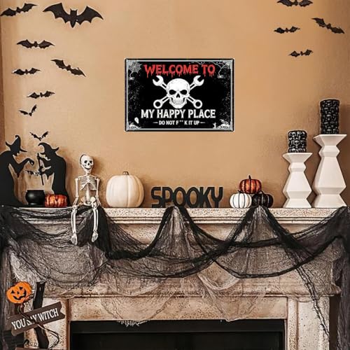 Halloween Decorations Welcome to My Happy Place Metal Sign TPH372 Gothic Skull Wall Art