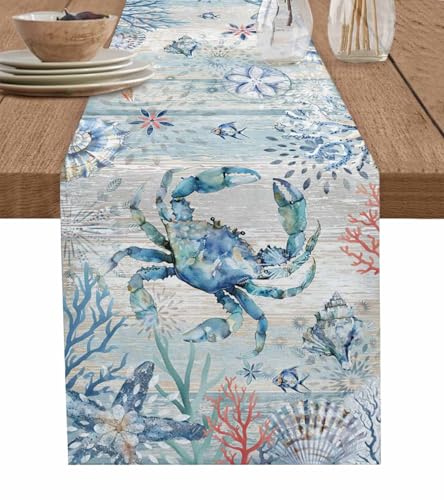 Nautical Crab Table Runner 13 x 60 Inches Coastal Farmhouse Decor