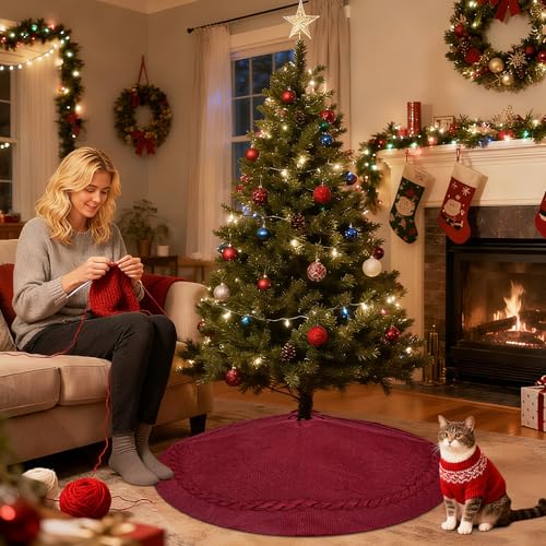 Red Tree Skirt 36 Inch Burgundy Knit Rustic Christmas Decor - Variation of THIS listing