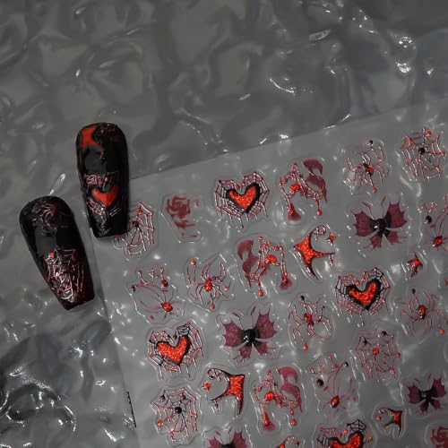 Halloween Nail Stickers 3D Red Spider Web Bat Love Design - Horizontal & Silver Variation