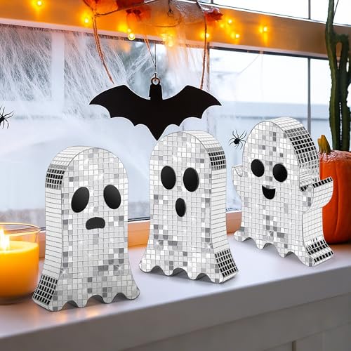 Halloween Disco Ghost Decor Set - 4 Mirrored Spooky Tabletop Decorations
