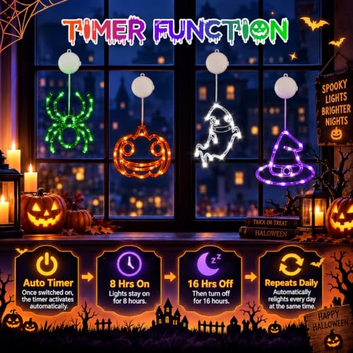 Halloween Window Lights 4 Pack - Pumpkin Ghost Spider Witch Hat Decor - Orange Purple Green
