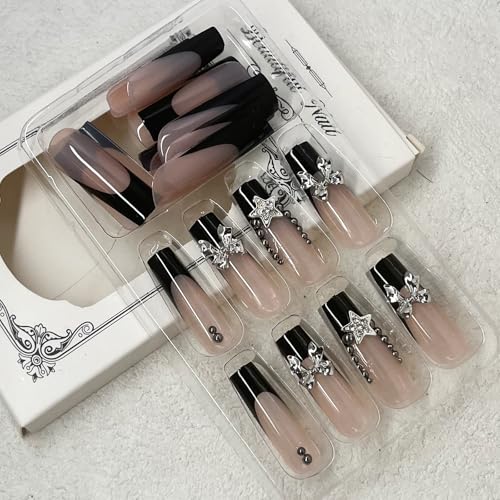 Long Square French Tip Press On Nails with 3D Bow Charms & Rhinestones - Nude Pink, Glossy Silver Star - 24 Pieces