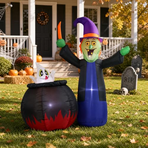 5 Ft Inflatable Halloween Witch and Cauldron Outdoor Decor with LED Lights