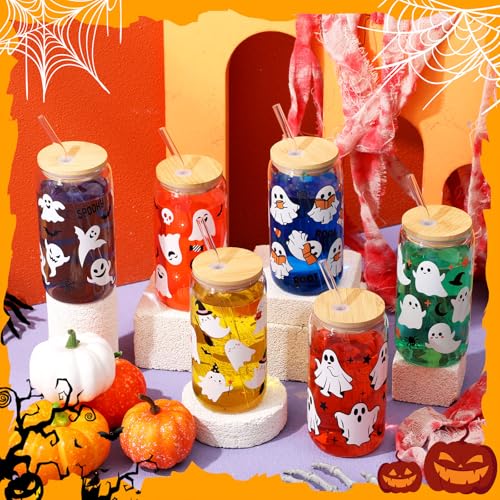 12 Pcs Halloween Glass Cups with Bamboo Lids & Straws - 16 Oz, White - Ghost & Skull Design
