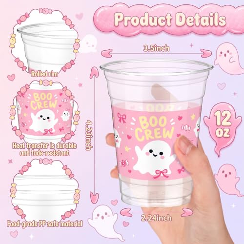 Halloween Ghost Plastic Cups 12oz Pack of 50 - Pink Ghost Design