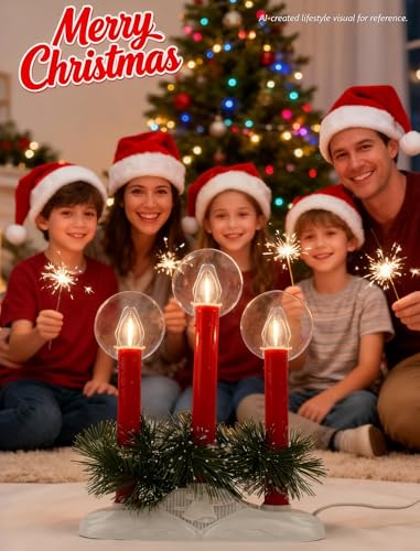 Red Plug-in Electric Window Candles 3-Light Flameless Christmas Candolier - Safe LED Lights